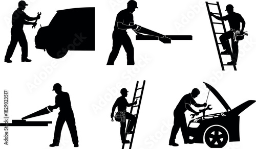 Silhouettes of construction workers and mechanics performing various tasks on white