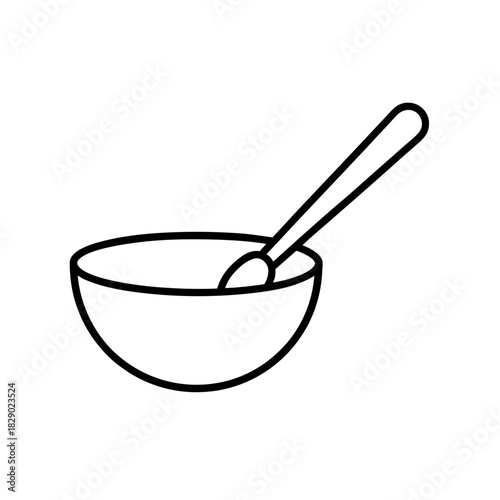Outline drawing of a bowl with a spoon on transparent background