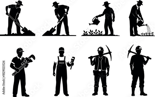 Silhouette set of various workers in different professions and poses