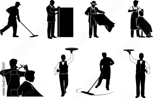 Set of silhouetted workers in various service industry professions
