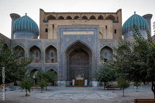 Historic Madrasa with Turquoise Domes and Blue Ceramic Tilework