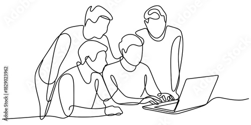 Continuous line drawing of a diverse business team actively collaborating on a shared project using a laptop, symbolizing modern teamwork, discussion. Vector, illustration