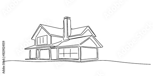 Continuous one line drawing of a modern residential house with a chimney and gabled roof, minimalist abstract single stroke artwork. Vector, illustration