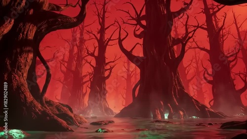 A fiery red swamp with gnarled trees reflected in murky water, glowing green accents on rocks