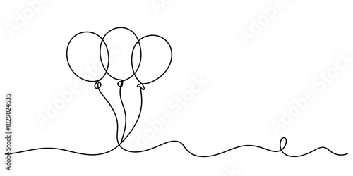 Continuous line drawing of three festive balloons floating on a bright background, representing celebration, joy, and lightheartedness. Vector, illustration