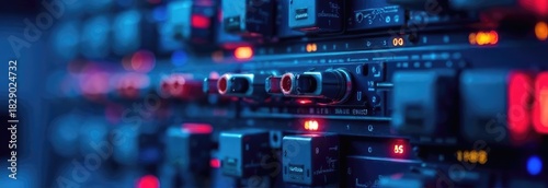 electronic equipment with illuminated buttons and dials. The scene features a dark background with blue and red lights, emphasizing a high-tech environment