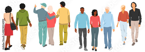 Young people walking and talking, set of men and women, vector silhouettes of friends, profile, front and back views, different colors, cartoon character, flat icon, design concept, isolated on white 