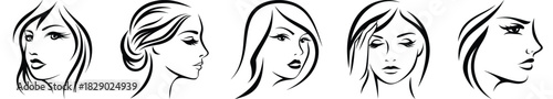 Collection of Stylized Female Heads and Beautiful Woman Faces in Minimal Line Art Style