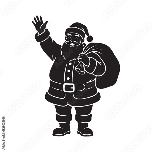 Cheerful Santa Claus waving hello, carrying sack full of gifts, festive holiday spirit, ideal for Christmas cards and seasonal promotions, scalable vector