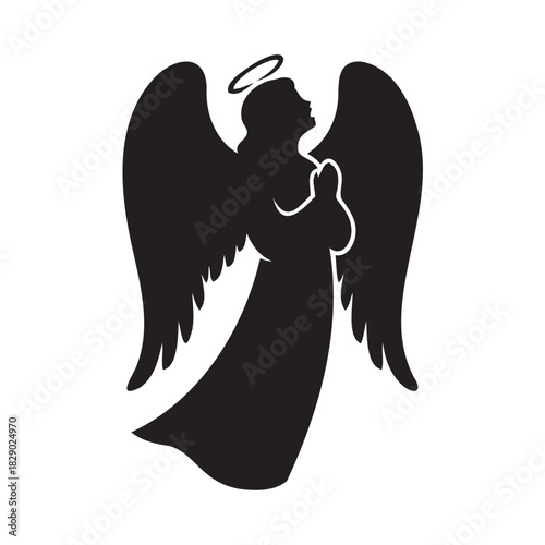 Elegant angel silhouette with halo, wings, and praying hands conveys peace, faith, and hope for Christmas, memorial, or religious design projects