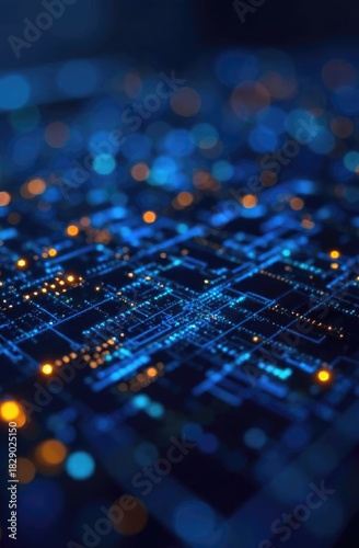 Abstract digital network with glowing blue and red lines against interconnected nodes background. Data transfer concept and futuristic technology for IT presentations
