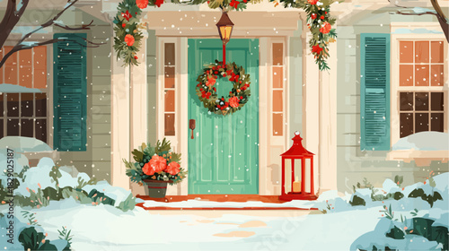 Festive porch with wreath, lantern and red flower in pot for holiday greeting cards and home decor branding