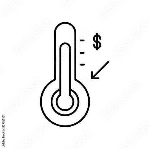 Thermometer indicating decreasing cost with dollar sign on transparent background