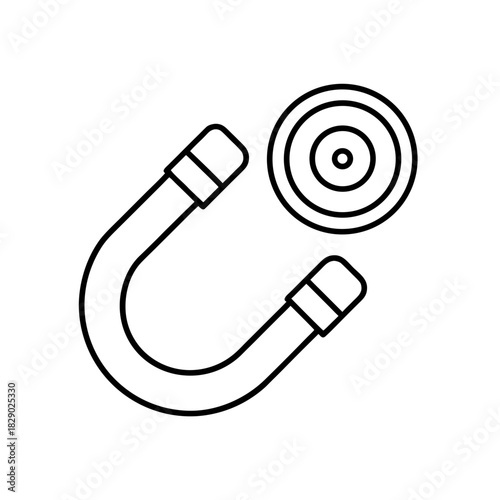 Outline drawing of a magnet and circular metal object on transparent background
