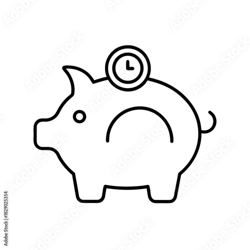 Outline of a piggy bank with a clock on its back on transparent background