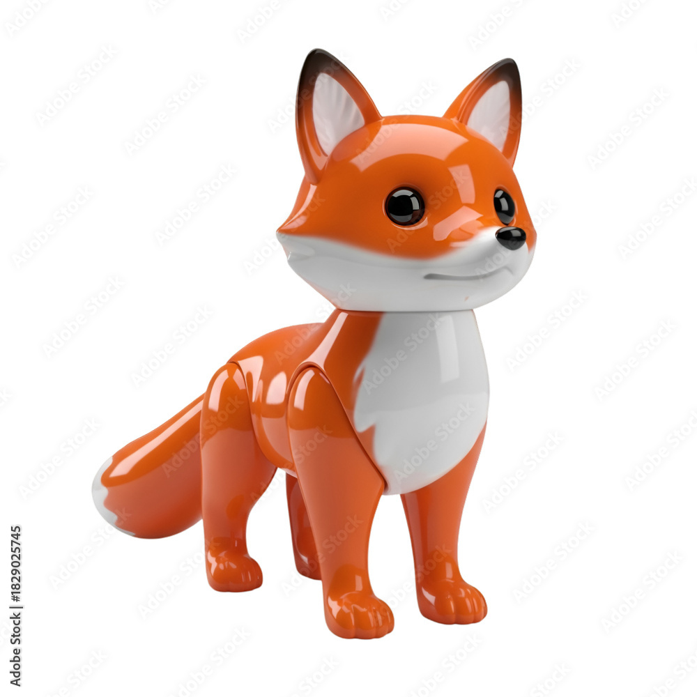 Fototapeta premium Cute orange and white fox toy with a playful expression, standing on a clean surface, isolated on transparent background