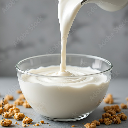 Milk yogurt white color pour into white glass bowl close-up. Stream of cream falling into bowl. Dairy products. Fresh pasteurized cream pouring into bowl to combine with granola for breakfast