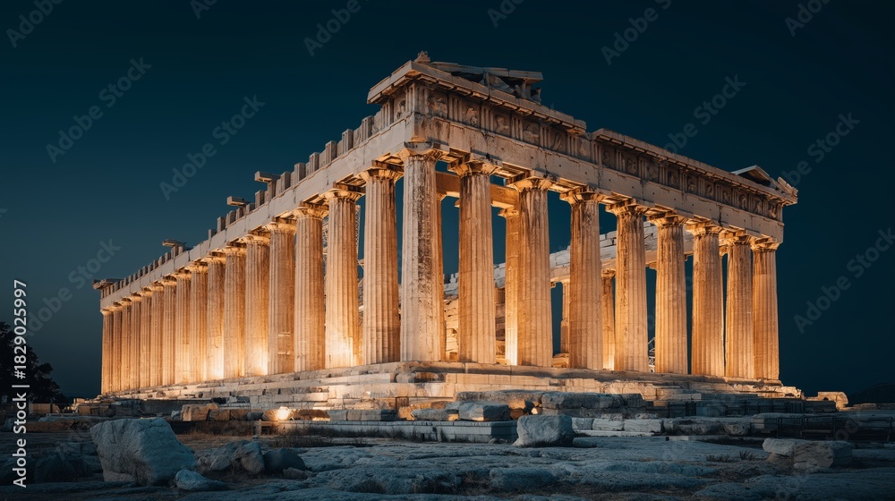 Obraz premium Parthenon in the Twilight: The iconic Parthenon, a testament to ancient architecture, stands majestic against a twilight sky, its illuminated columns radiating historical grandeur.