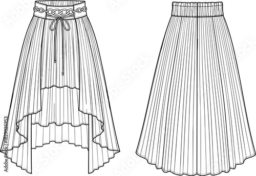 Technical flat sketch of pleated and high-low skirts,Technical flat sketch of pleated and high-low skirts,