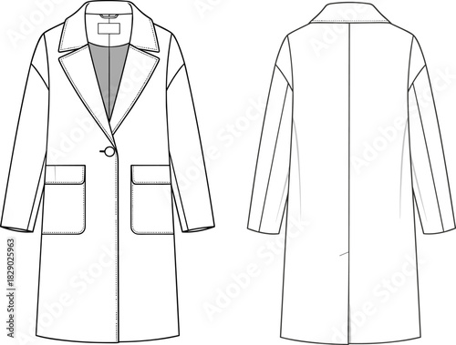 Technical flat sketch of tailored coat front and back views