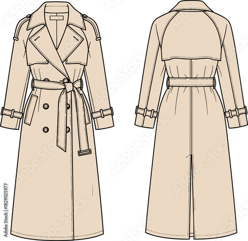 Technical flat sketch of trench coat front and back views,Technical flat sketch of trench coat front and back views,