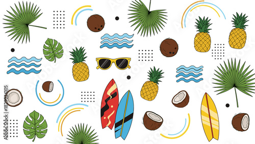 Seamless summer pattern with tropical fruit, surfboard, sunglasses, and palm leaf