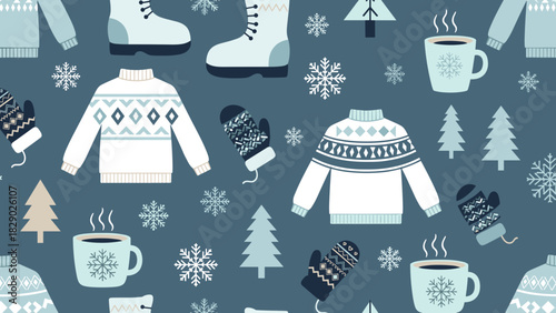 Seamless winter pattern with cozy sweater, boot, mitten, hot drink, and snowflake illustration