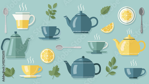 Collection of various steaming hot teapots, cups, lemon slices, and tea leaves on blue
