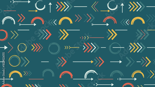 Seamless pattern of various abstract arrows and direction symbols in different colors on teal