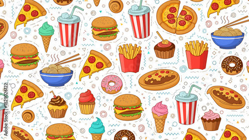 Seamless pattern of various fast food and sweet dessert items in cartoon style
