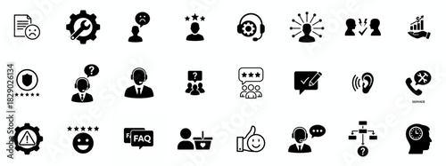 Customer service icon set. Containing customer satisfied, assistance, experience, feedback, operator and technical support icons. Solid icon collection.