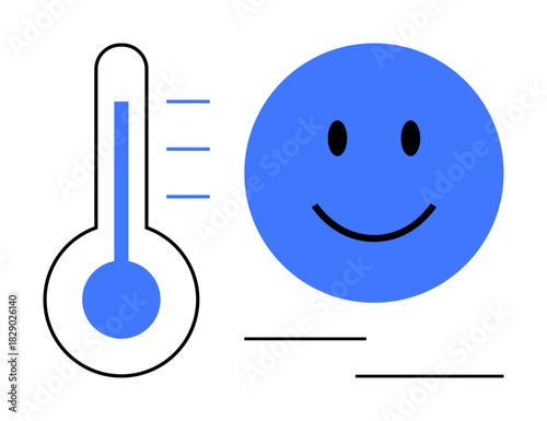 Temperature concept. Blue thermometer icon alongside a smiling face linking temperature and mood dynamics. Temperature impacts health, emotions, wellness, and behavior. Perfect for health, emotion