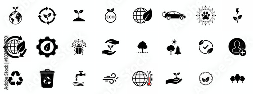Ecology icon set. Environment, sustainability, nature, recycle, renewable energy; electric bike, eco-friendly, forest, wind power, green symbol. Solid icons vector collection.

