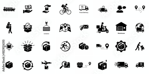 Delivery service icon set. Containing order tracking, delivery home, warehouse, truck, scooter, courier and cargo icons. Shipping symbol. Solid icons vector collection.
