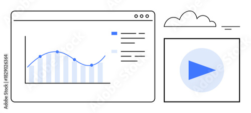 Data analysis concept. Data visualization with graph showing statistical results, integrated with video playback and cloud storage. Data is key for business, education, and marketing insights