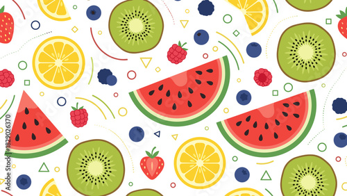 Seamless pattern with colorful slices of watermelon, kiwi, lemon, strawberry, and blueberry