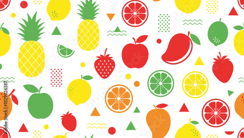 Vibrant seamless pattern of colorful tropical and citrus fruit icons on