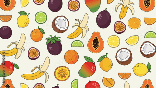 Seamless pattern of various tropical fruit icons in a colorful, repeating design