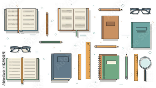 Collection of various school and office stationery items like books, notebook, pencil, ruler, and glass