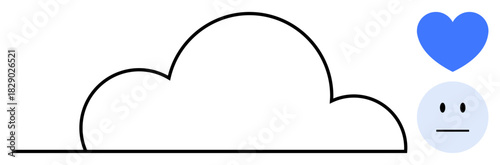 Minimalist cloud outline, blue heart, and neutral face emotion. Ideal for emotion, communication, cloud storage, connection, mental health, expression technology concepts simple flat metaphor