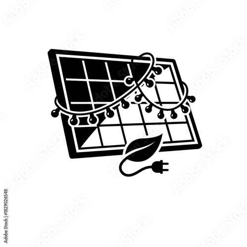 Solar panel icon with decorative lights and leaf symbolizing energy