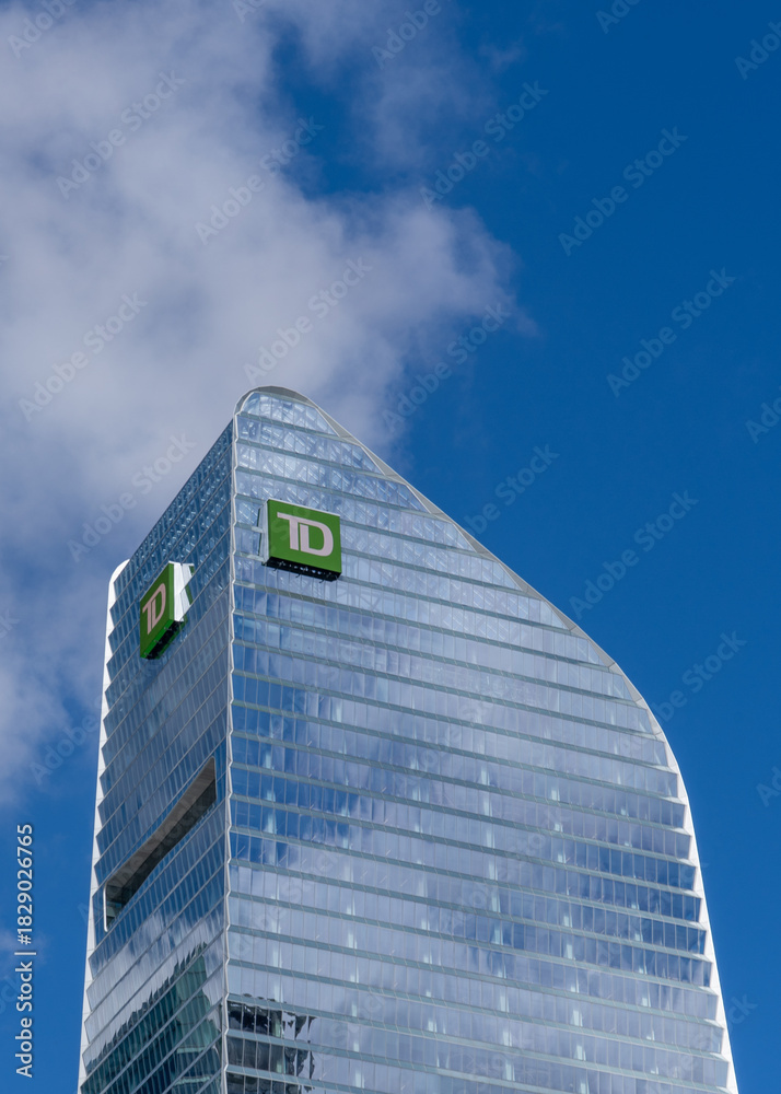 Naklejka premium Toronto, Canada - September 21, 2025: TD Terrace building at 160 Front St W in Toronto, Canada. TD (Toronto Dominion Bank) is a Canadian banking and financial services corporation. 