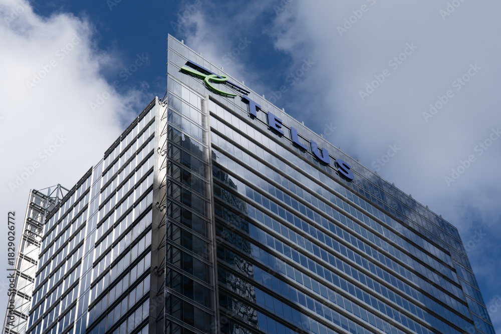 Fototapeta premium Toronto, Canada - September 21, 2025: Telus head office building (telus house toronto) in downtown toronto. Telus is a Canadian national telecommunications company. 