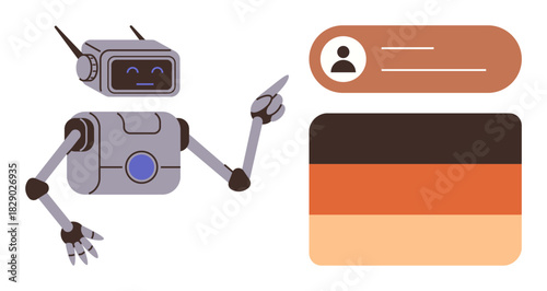 Humanoid robot with antenna gestures at a user profile display next to a striped color palette. Ideal for AI, user data, identity, robotics, technology, UI design, simple flat metaphor