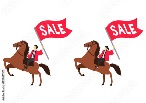 馬に乗りSALEの旗を持つ赤い法被を着た男性と女性のセット
