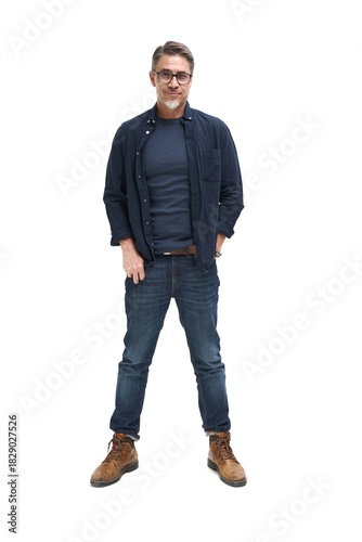 Full length portrait of happy casual older man smiling, Mid adult, mature age guy standing, isolated on white background.