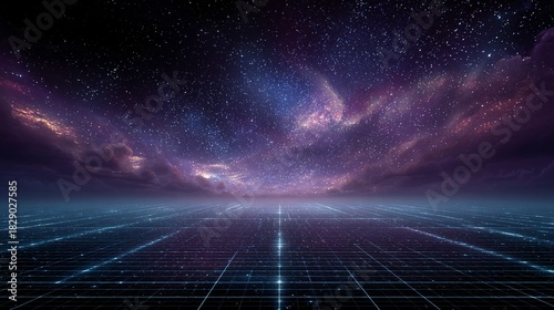 Abstract digital landscape with grid surface and nebula sky in purple tones.