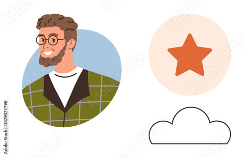 Cheerful man wearing glasses and checkered jacket in circular frame, next to graphic red star and outlined cloud. Ideal for personal branding, creativity, simplicity, casual themes, giving