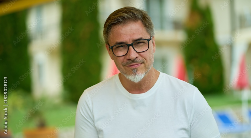 Obraz premium Portrait of happy middle aged man at home in front of house, confident, smiling. Outdoor in garden of villa, residence.