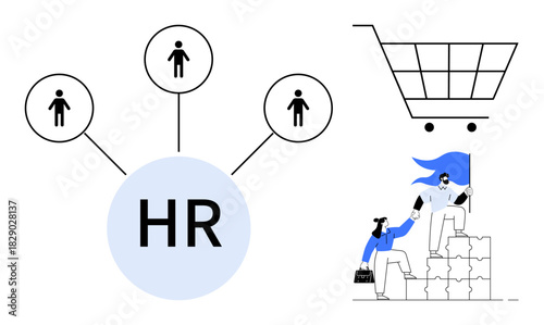 HR network connecting individuals with central hub, teamwork with leaders helping climb blocks, shopping cart. Ideal for teamwork, collaboration, recruitment, leadership, hiring, strategy simple